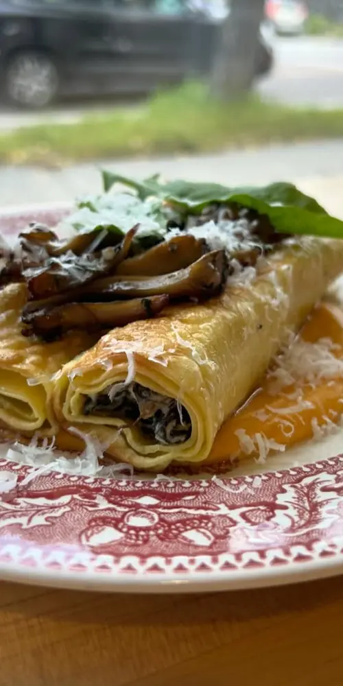 A little late fall deliciousness. Foraged maitake & kale cannelloni, sweet potato, aged goat chees