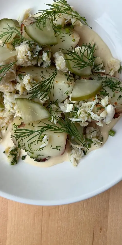 New potatoes, smoked swordfish belly aioli and blue crab.
