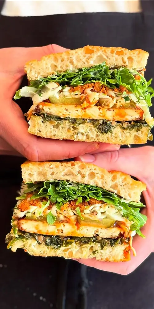 new this week! the southern belle: sweet and spicy tofu, stewed collards, pickles, cabbage slaw, rem