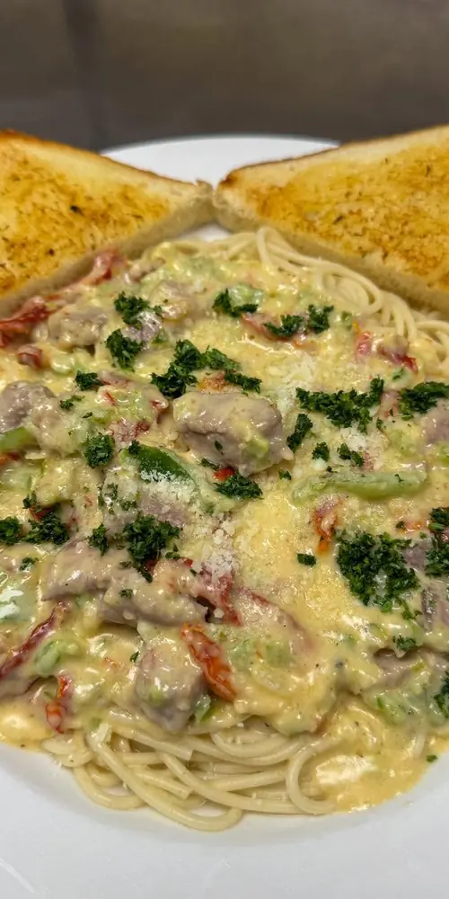 Pasta Night! Tonight, our kitchen manager, Lilly has whipped up a Prime Rib Alfredo. House roasted r