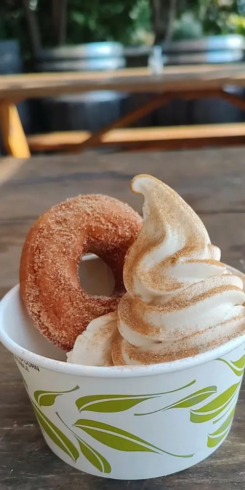 The Cider Donut Sundae!! Apple Pie Creemee topped with Cinnamon Sugar & a Cider Donut! 🍦🍎🍁 #fallcree