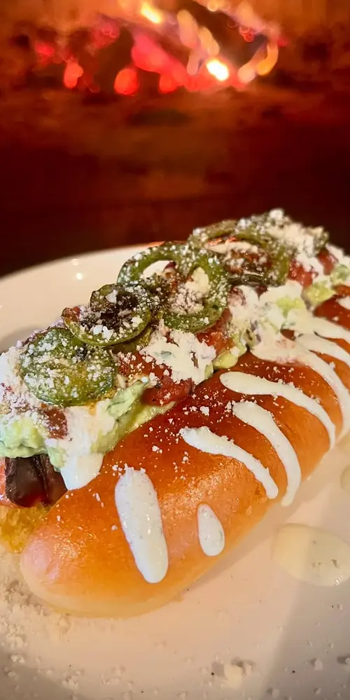 Today’s Lunch Special! The Senoran Dog! Bacon Wrapped Hot Dog with Fire-Roasted Salsa, Guacamole, Ci