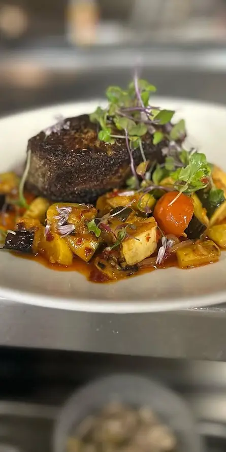 Straight off the boat! Blackened Mahi, @nakedacrefarm summer squash, confit fingerlings, Rose Hariss