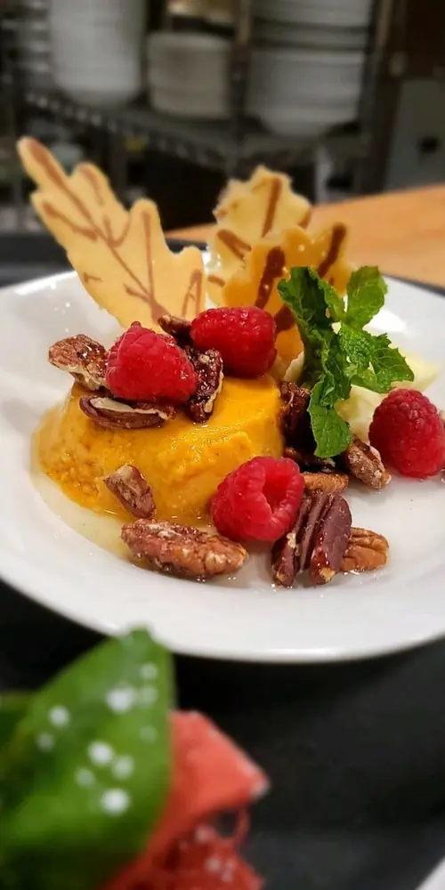 Chef mark has whipped up the perfect fall desert special! Here we have our new pumpkin flan with a d