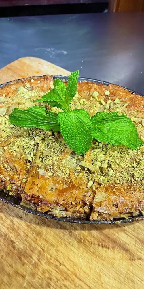 The Kanafeh is a Turkish dessert Chef Mark discovered during his time there. It consists of a cast i