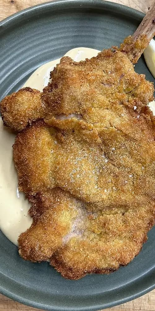 Some behind the scenes creation for this week’s special- a veal rib chop Milanese with tonnato, parm