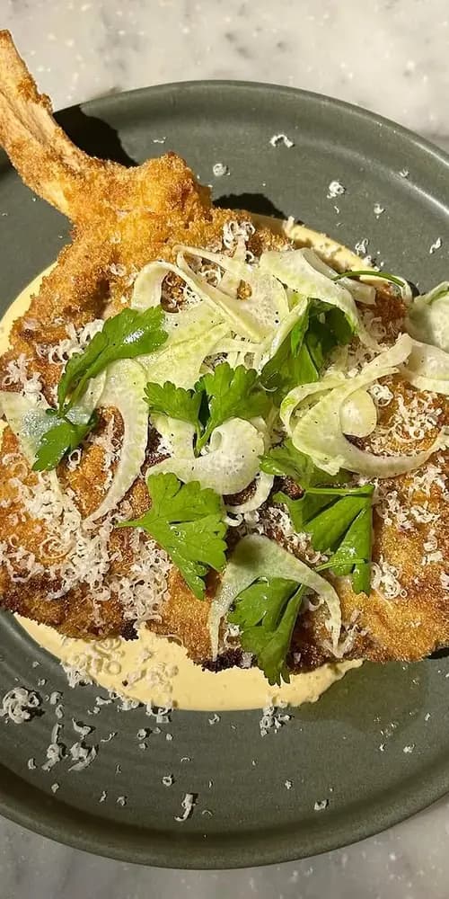 Some behind the scenes creation for this week’s special- a veal rib chop Milanese with tonnato, parm